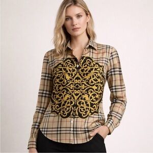 Burberry Women's Beige Plaid Shirt with Black and Gold Design